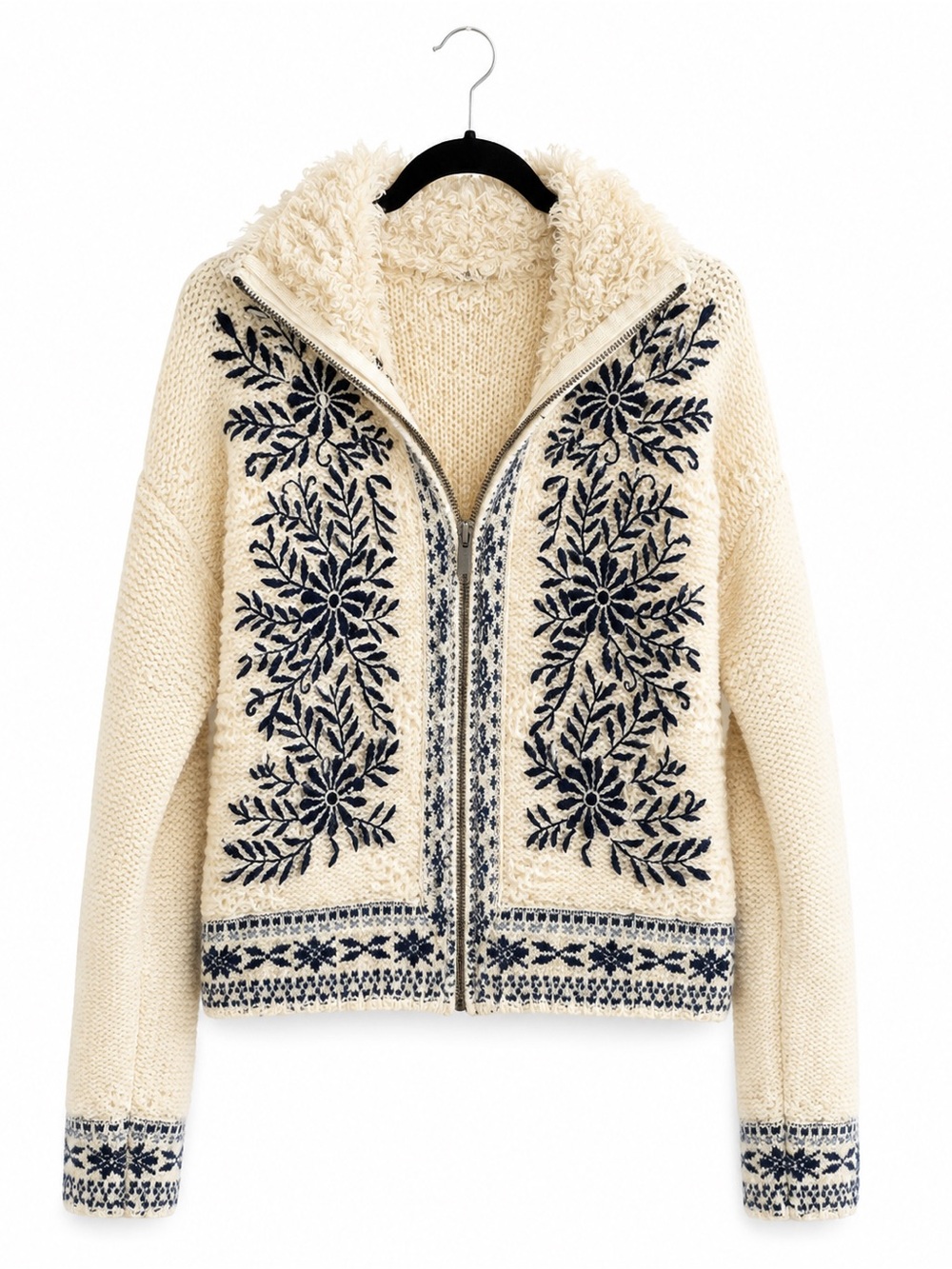 Free People Cream Embroidered Zip Front Sherpa Collar Sweater Jacket